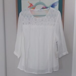 White Lace Yoke Women's Blouse - Lightweight Elegant Top